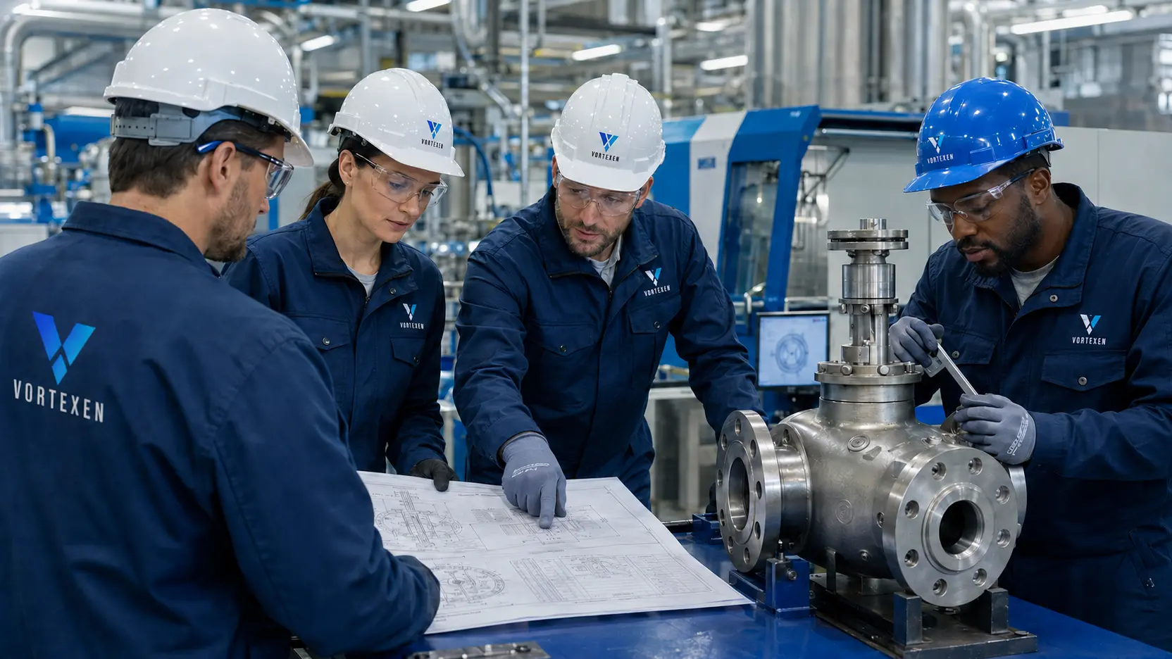 Vortexen engineers in branded coveralls and helmets inspecting an engineered industrial valve