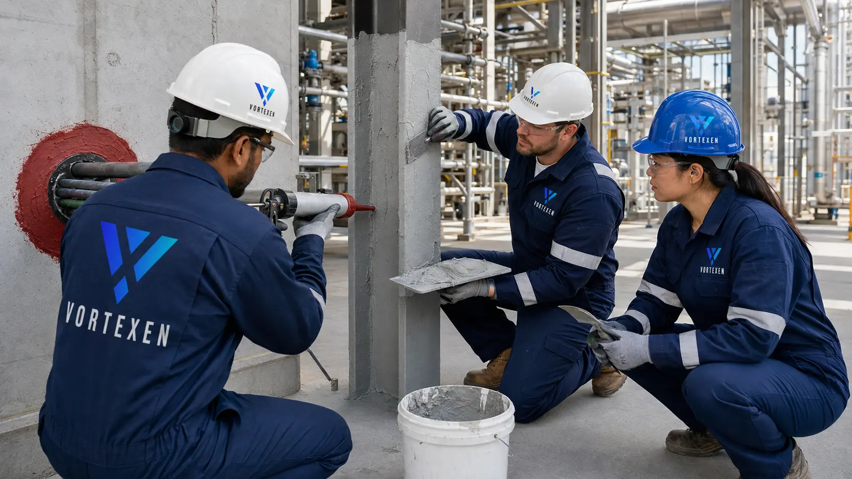 Vortexen passive fire protection crew in branded coveralls and helmets installing firestop and fireproofing